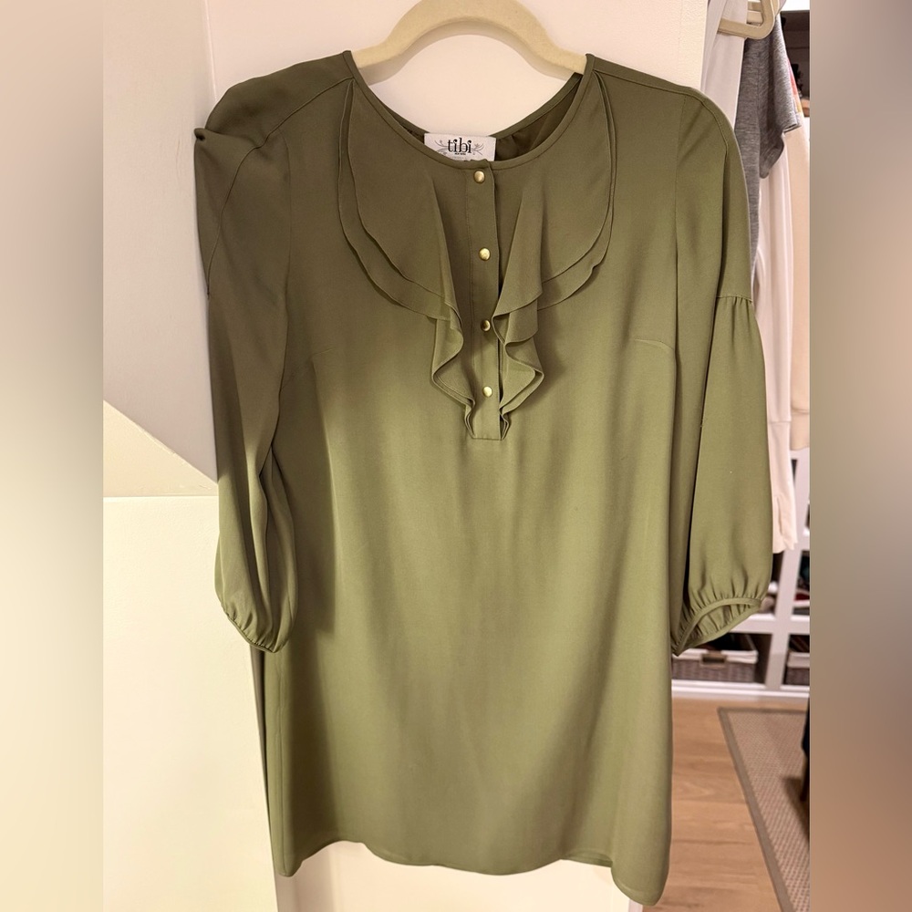 Tibi Moss Green Mini Dress with Gold Buttons